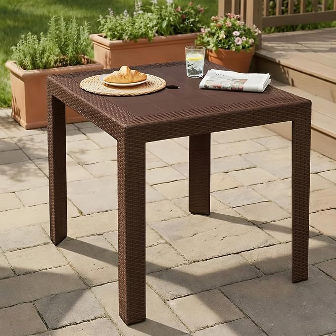 LeisureMod Mace Modern Weave Design Outdoor Patio Square Dining Table (Brown)