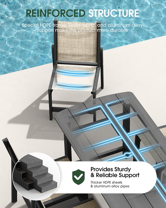 HDPE Outdoor Patio Dining Set with Table & 6 Stackable Armless Textilene Chairs, All-Weather 7-Piece Dining Table Set with Umbrella Hole, Patio Furniture for Garden, Poolside, Backyard, Deck | Grey