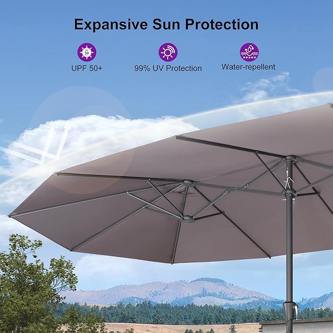 PURPLE LEAF 15ft Patio Umbrella with Base Included Double-Sided Rectangle Outdoor Umbrella Market Table Umbrella with Crank for Pool Garden Deck, Light Grey
