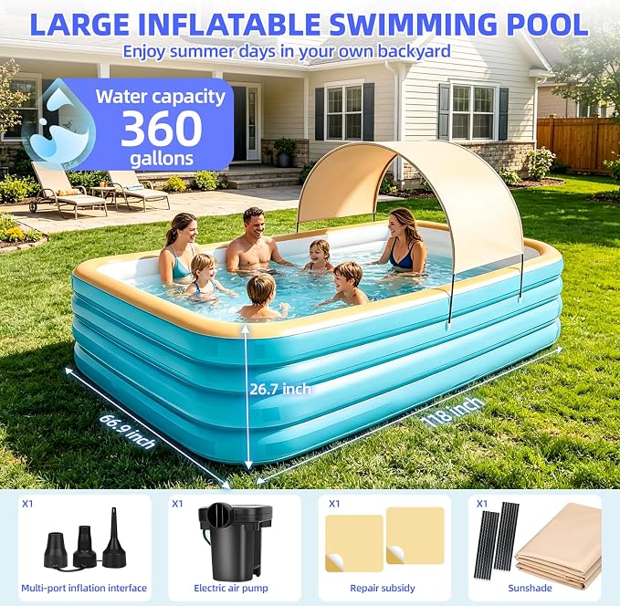 118" Deep Large Inflatable Pool with Removable Pool Canopy & Inflatable Pump, Backyard Family Pool, Outdoor Blow Up Pool for Adults & Kids, Summer Shaded Backyard Pool for Water Party