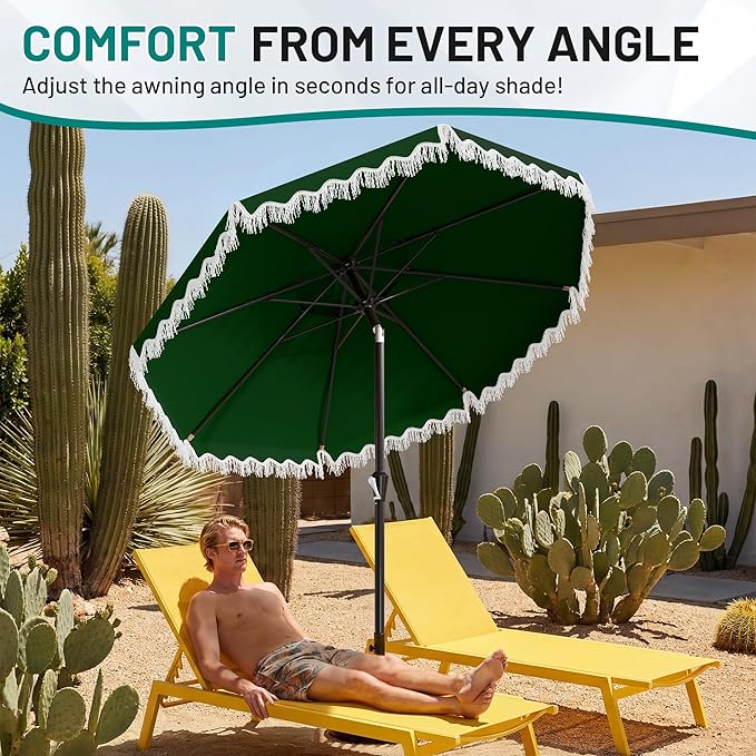 AreShark 9FT Patio Umbrella with Fringe, Wind-Resistant Fiberglass 8 Ribs Tassel Outdoor Umbrella with Crank and Push Button Tilt, Double Tier Vent Sun Shade for Pool, Deck, Backyard, Dark Green