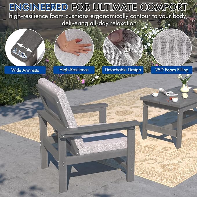 6-Piece HDPE Patio Furniture Set, All-Weather Outdoor Sectional Sofa Set w/Coffee Table+Side Table - Wood-Like Composite Conversation Couch for Deck, Lawn, Balcony - Grey Frame with Cushion