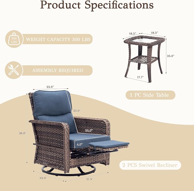 Outdoor Swivel Recliner Chair Set of 3 - Ergonomic Reclining Patio Chair with Adjustable Backrest and Footrest, All-Weather Wicker Chaise Lounge Outdoor with Side Table