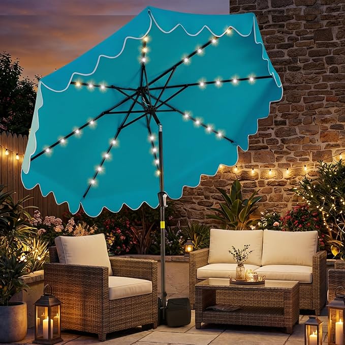 Tangkula 9 FT Solar Patio Umbrella with Base Included, 2-Tiers Outdoor Scalloped Table Umbrella with 32 LED Lights, 2 Sandbags, Tilt Adjustment, Crank, 8 Ribs for Market Backyard Pool Deck Beach Lawn