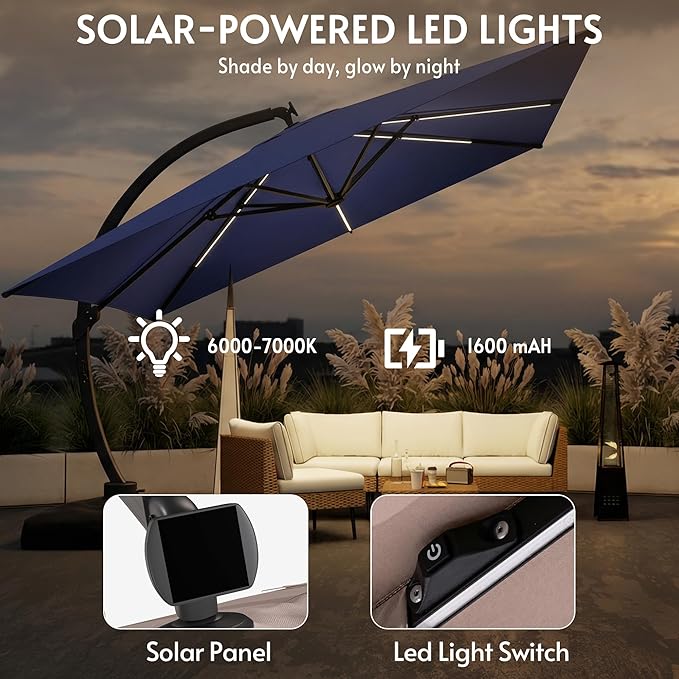 11x11FT Solar Powered LED Light Cantilever Patio Umbrella with Base Included, Large Cantilever Umbrella with 360°Rotation, Heavy-Duty Offset Outdoor Umbrella for Patio,Pool,Backyard (Navy blue)