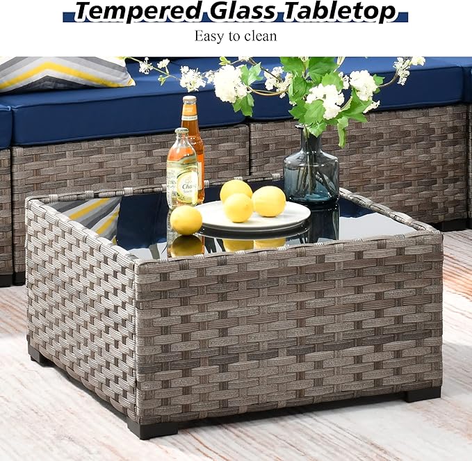 HOOOWOOO Outdoor Patio Sectional Furniture Sofa Set with Swivel Rocking Chair,8 Piece Modern Wicker Couch with Widened Armrest,Modular Conversation Seating Set for Garden(Navy Blue)