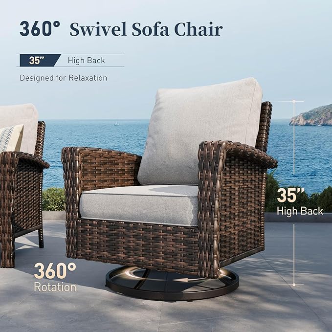 6 Piece Patio Furniture Set with Swivel Chairs, High Back Wicker Rattan Sofa with Extra Thick Cushion, Coffee Table and Ottoman, Outdoor Conversation Set for Backyard Deck, Grey