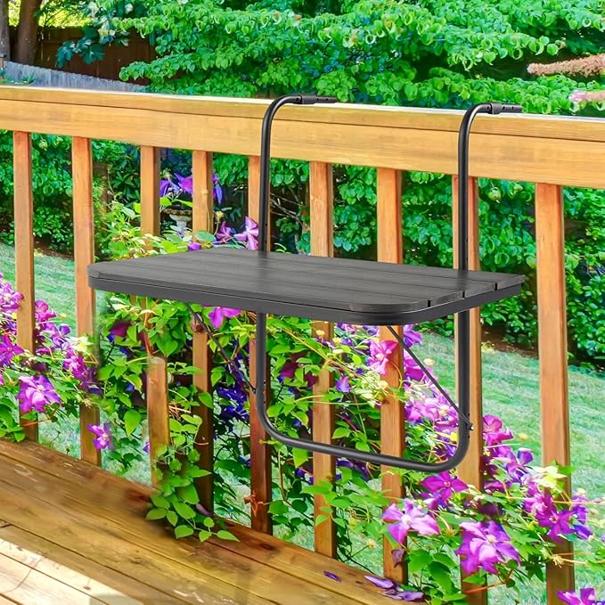 Balcony Railing Table Hanging Folding Deck Railing Table Outdoor Balcony Bar Tables for Railings Hanging Patio Adjustable Aluminium 23.6"(L) x 15.7"(W) All Weather Black
