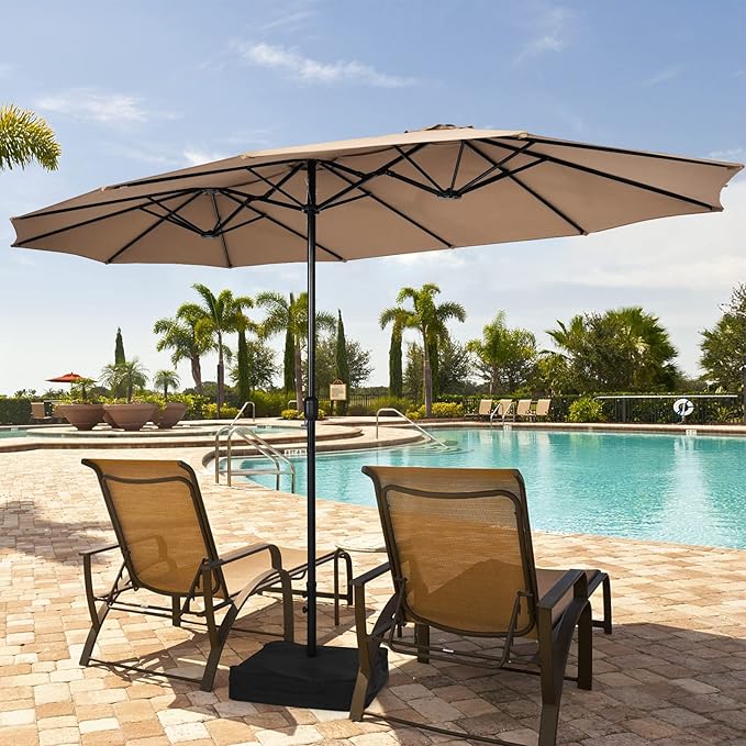 Tangkula 15FT Double-Sided Patio Umbrella with Base, Extra-Large Market Umbrella W/Crank System, Outdoor Twin Umbrella W/ 12-Rib Metal Structure & Air Vents for Garden, Backyard, Poolside (Tan)