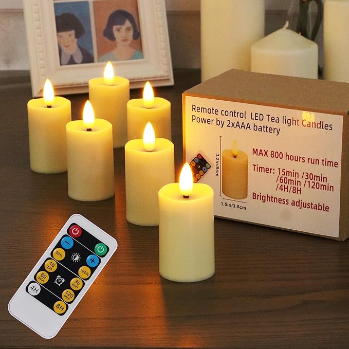 6 Pack Ivory Tea Lights Votive Candle with Remote Control emits Yellow Light max 800hours by 2 AAA Batteries(not includ) Indoor, Bedroom, Study Room……