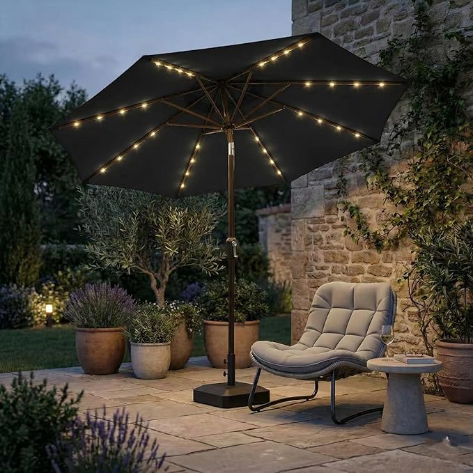 Kingdura 9FT Outdoor Patio Umbrella with Solar Lights, Market Table Umbrella with Push Button Tilt & Crank, 8 Sturdy Ribs, 32 LED Lights, UV Protection for Garden Lawn Deck Backyard Pool (Black)