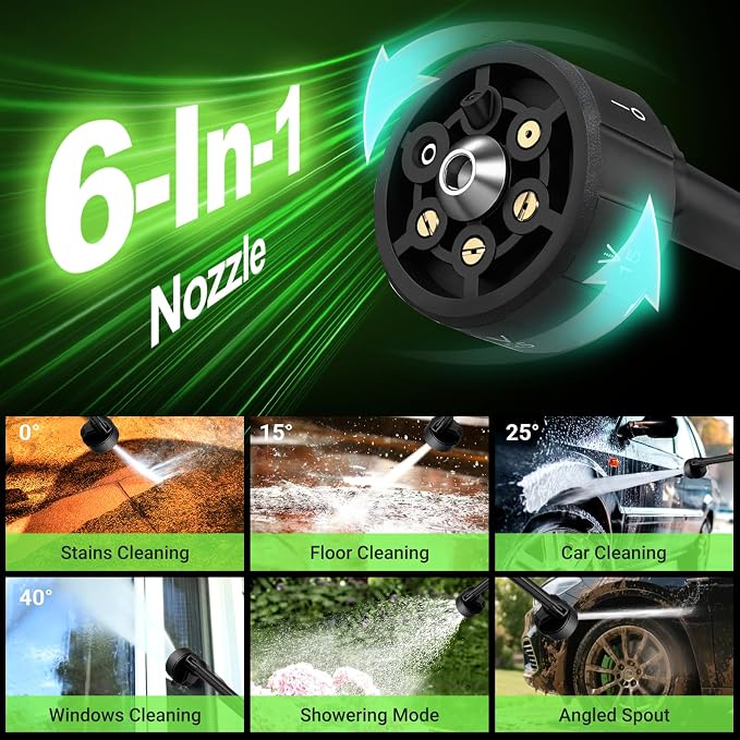 Cordless Washer, 3 Gear Brushless Washer for Car Washing, Patio, Fence, Driveway, Outdoor Cleaning， with 2 Batteries, 6 in 1 Nozzle, 6 Meter Hose, Tap Adapter