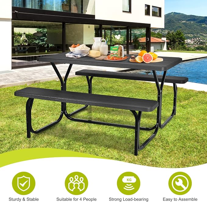 HAPPYGRILL Outdoor Picnic Table Bench Set with Metal Frame & All Weather-Resistant Surface, Camping Table Set for Patio Backyard Poolside Garden Dining Party