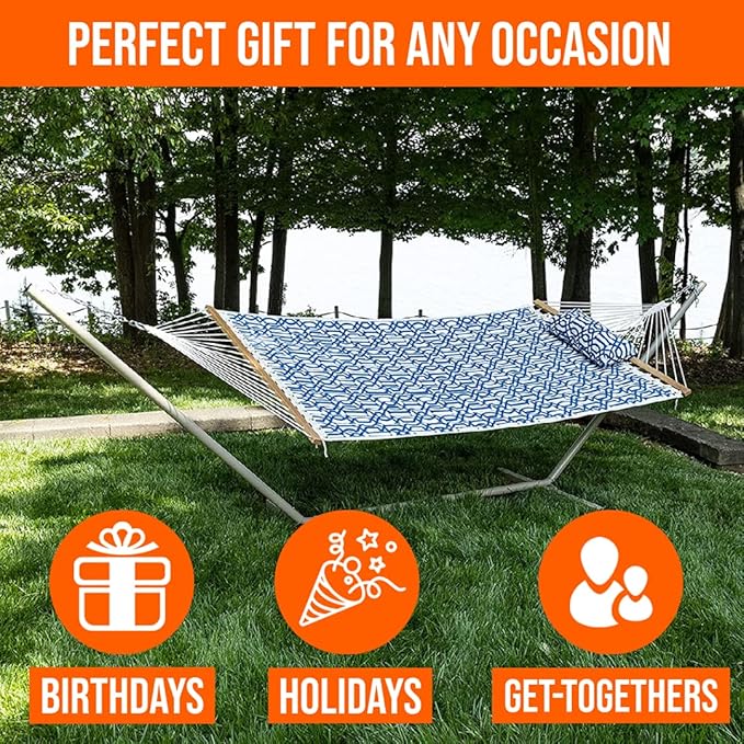 Castaway Living Large 2-Person Quilted Hammock with Stand & Pillow – Navy, 10 ft. L x 52 in. W, 350 lb Capacity, Weather-Resistant Polyester, Portable Space-Saving Frame