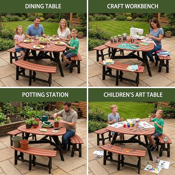 6-Person Semi-Circular Fir Wood Picnic Table, Brown Top/Black Legs, 3 Built-in Benches & Umbrella Hole, Patio