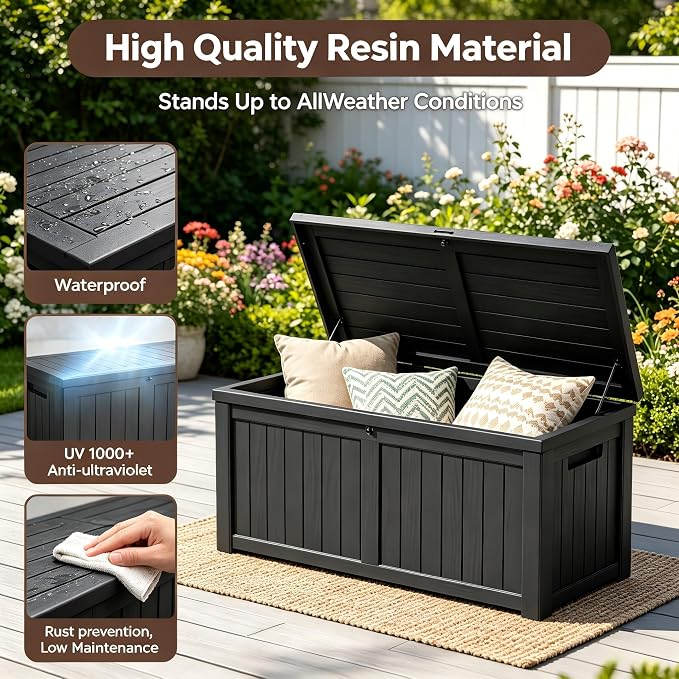 146 Gallon Deck Box, Waterproof Outdoor Storage Box, Lockable Resin Patio Storage Box for Cushions, Garden Tools & Pool Accessories, Heavy Duty Outdoor Storage Bench, Black