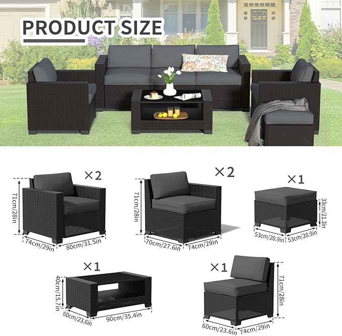 SHGJ&SOFT 7 Piece Patio Furniture Set, Wicker Outdoor Sectional Sofa with Washable Cushion Covers and Tempered Glass Table, Rattan Conversation Set for Poolside