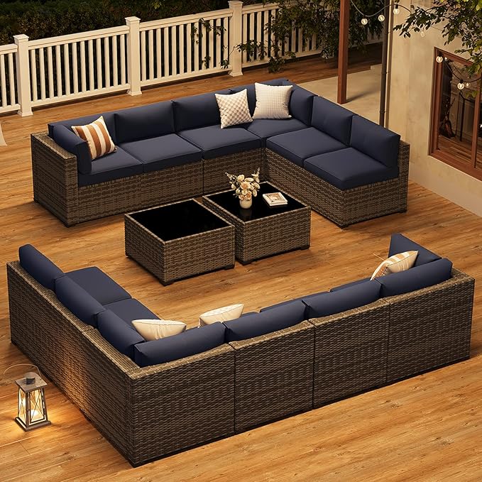 LazySunsets 14-Piece Patio Furniture Set, Wicker Rattan Outdoor Furniture with Thick Cushions, Patio Conversation Sets with Coffee Table, Outdoor Sectional Couch Sofa with Waterproof Cover, Blue
