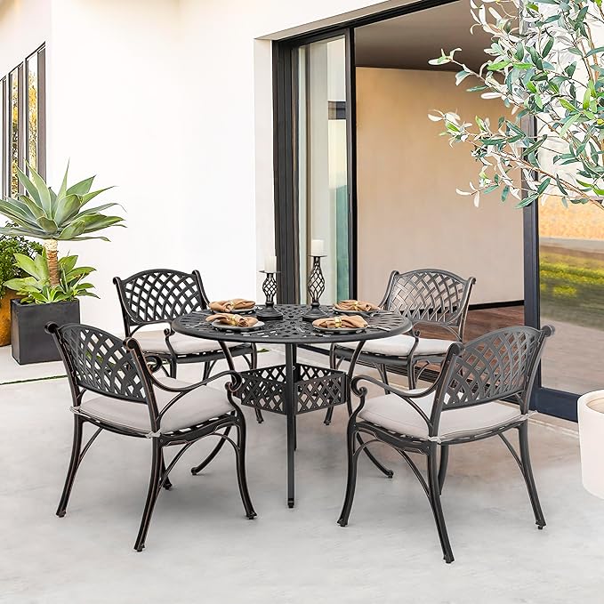NUU GARDEN 5 Piece Outdoor Patio Dining Set with Beige Cushions, Cast Aluminum Round Dining Table with Umbrella Hole and Patio Dining Chairs for Garden, Balcony, Black with Bronze Edge