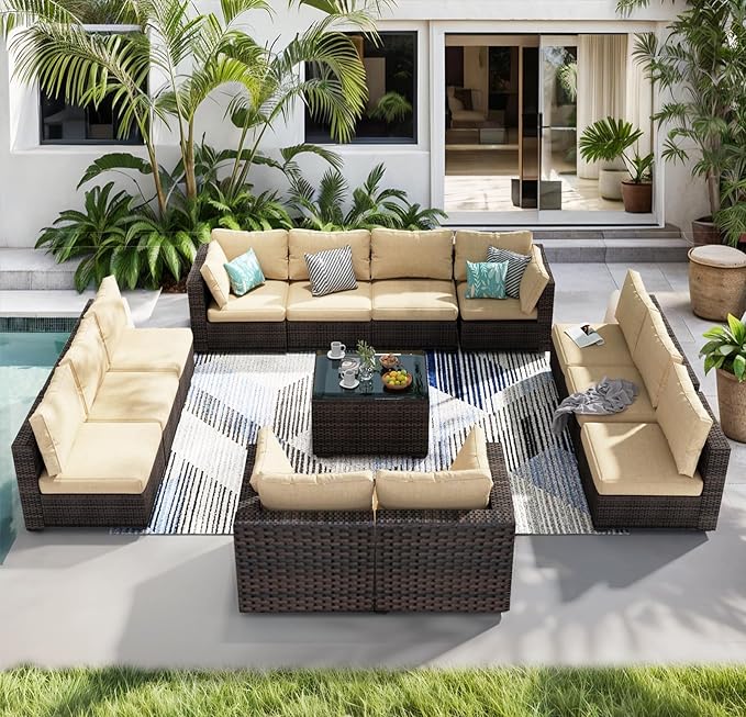 13 Piece Patio Furniture Set All Weather PE Rattan Outdoor Sectional Sofa Couch with No-Slip Cushions and Glass Top Table for Garden, Poolside, Backyard (Beige)