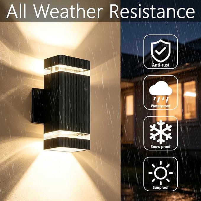 JYV 2 Pack Outdoor Wall Lights, Square Up and Down Porch Lights, Black | Waterproof Exterior Lighting Fixtures, 2x7W 3000K Bulbs, Outdoor Lights for House Porch Garage Patio