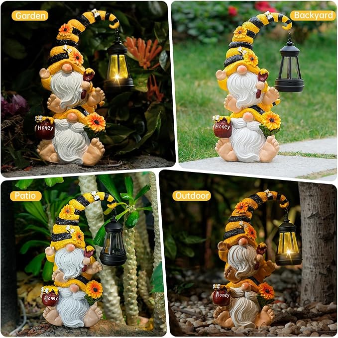 Solar Bee Garden Gnomes with LED Lantern, 12.2-Inch Outdoor Statue | Weather-resistant resin decor for yard, patio, lawn, porch, balcony; gift for women, moms, grandmas, bee and gnome lovers