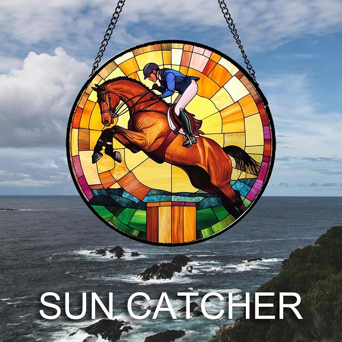 DASTOLL Stained Glass Window Hanging Equestrian Sports 6.3" - Horse Suncatcher Door Garden Sunroom Sun Catcher Home Decor Birthday Christmas for Mom Men Woman Nana