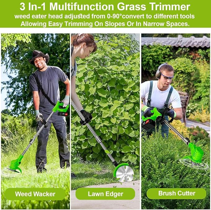 3-in-1 Cordless Grass String Trimmer, Brush Cutter & Edger Lawn Tool with 2X 24V 4.0Ah Li-ion Batteries, Telescopic Shaft and 17 Replacement Blades for Lawn Care, Garden & Yard Trimming (Green)