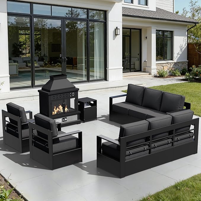 Outdoor Aluminum Furniture Set, 5-Piece Patio Conversation Set, 2 Swivel Chairs, 2 Sofa and 1 Fireplace, All-Weather Metal Frame, 6" Thick Removable Cushions, Deep Setting for Garden and Porch