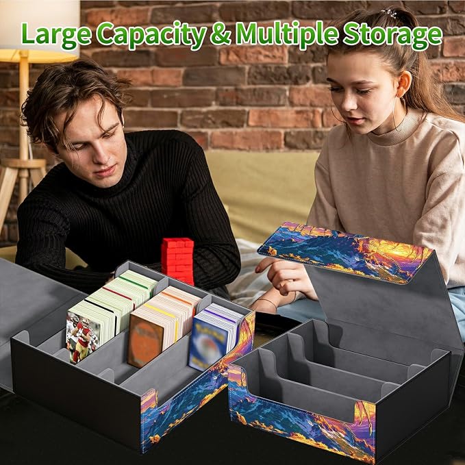 Large Card Deck Box for MTG, Fits 1200+ Sleeved Cards, PU Leather Storage Case with Strong Magnetic Closure, Multiple Colors for TCG CCG Baseball Card Collections, Mountain Sunset Dragon