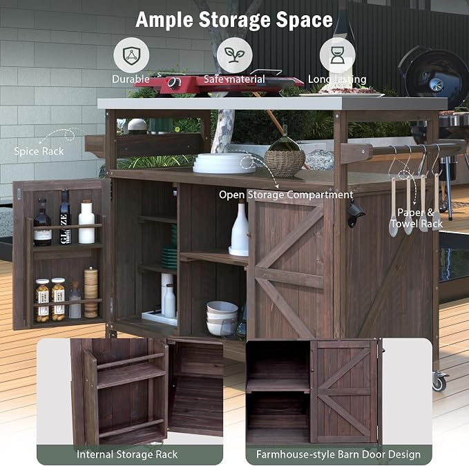 Outdoor Grill Table Bar Cart with Stainless Steel Top, Farmhouse Solid Wood Outdoor Kitchen Island with Spice Rack and Towel Rack, Rolling Island Cart for Kitchen, BBQ, Garden, Patio, Dark Brown