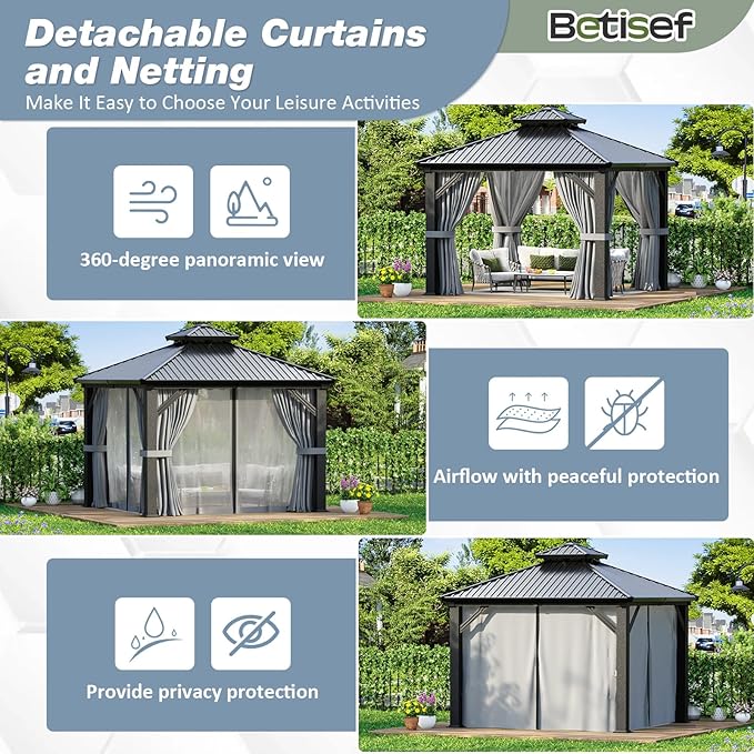 10'x10' Outdoor Gazebo Hardtop Grill Gazebo Aluminum Galvanized Steel Double Roof Outdoor Pergola Include Curtain and Netting for Backyard, Patio, Lawn