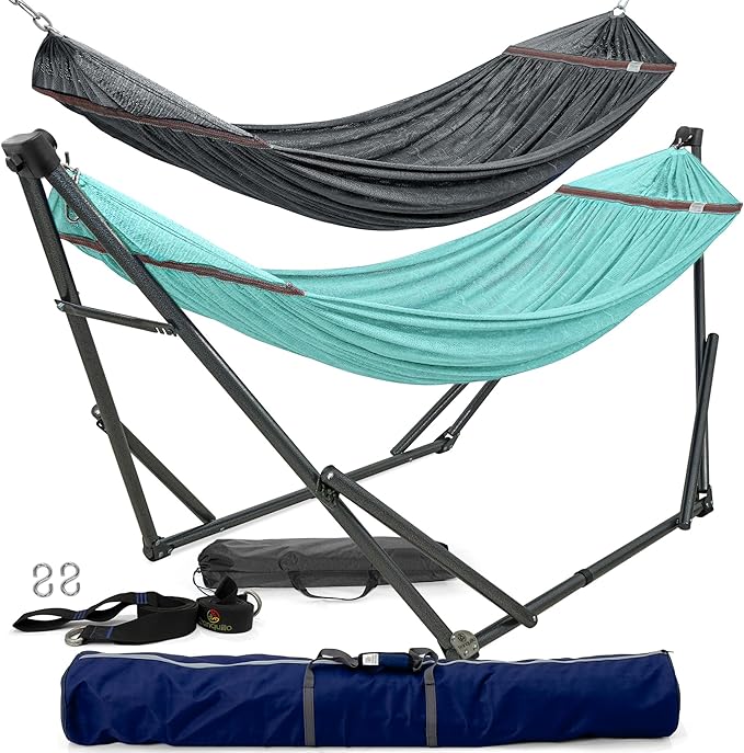 Tranquillo Combo x2 Hammocks with Stand for Outside & Tree Straps, Heavy Duty Hammock with Stand 600lbs for Indoor Outdoor Patio Backyard, x2 Hammocks for 2 Person (Combo - Sky, Medium)