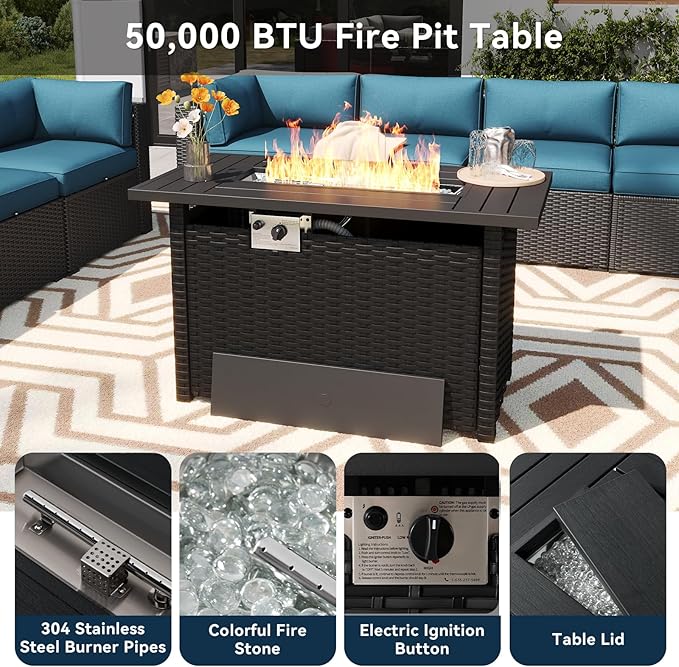 LazySunsets 15 Piece Outdoor Patio Furniture Set with 44'' Fire Pit Table, Outdoor Patio Furniture Set with Waterproof Cover, Wicker Rattan Outdoor Conversation Set for Backyard & Garden, Peacock Blue