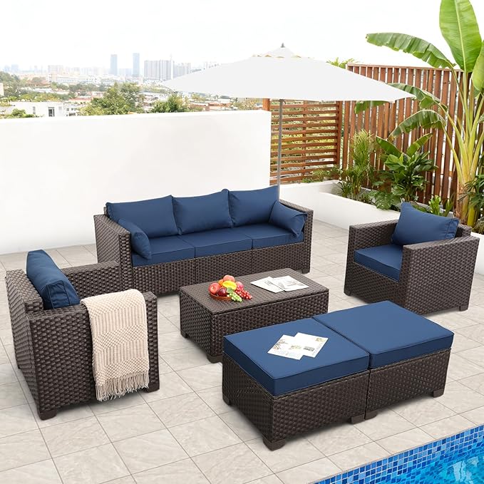 6 Pieces Patio Outdoor Furniture Conversation Sets Patio Wicker Sofa Set with Outdoor Couch Patio Chairs and Storage Table Non-Slip Cushions Waterproof Covers, Navy Blue