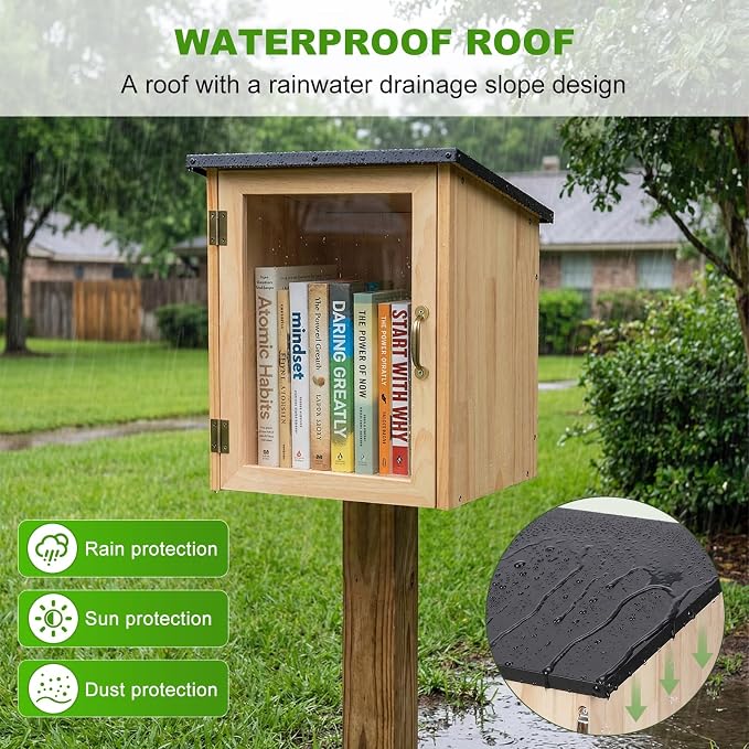 Little Library Outdoor Bookcase - Weatherproof Wooden Book Exchange Box with Visual Window, Large Capacity (Holds 15+ Books), Rain-Slope Roof for Backyard, Garden, Community & School Wooden Color