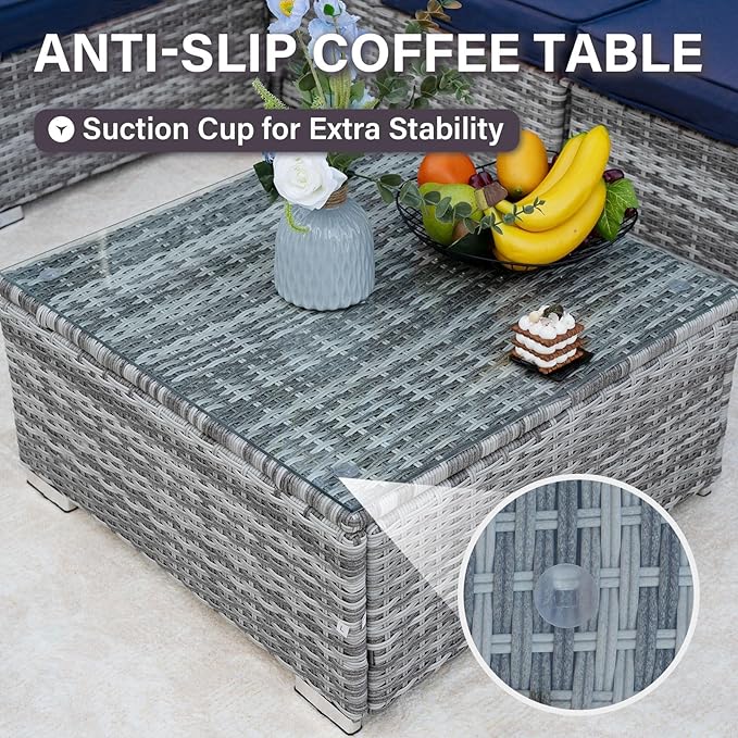 7-Piece Outdoor Patio Furniture Set – Handwoven All-Weather Rattan & 4” Thick Waterproof Cushions, Wicker Outdoor Conversation Sets with Coffee Table for Deck, Backyard, Garden, Blue/Grey
