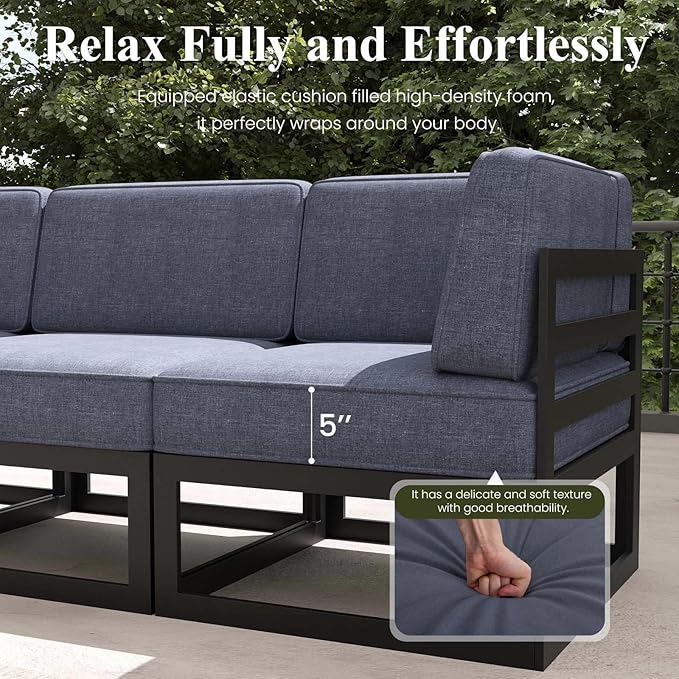 LayinSun Large Aluminum Patio Furniture Set with Fire Pit Table, 6 Pieces Modern Outdoor Conversation Set Sectional Metal Sofa Set with Olefin Cushion