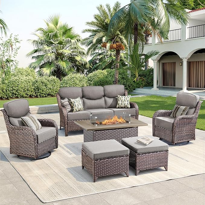 Luxury Patio Furniture Set with Fire Pit Table-6 Pieces All Weather Outdoor Swivel Rocker Chairs with Sofa and Ottomans. Outdoors Patio Conversation Sets for Porch Deck Garden Backyard(Brown/Grey)