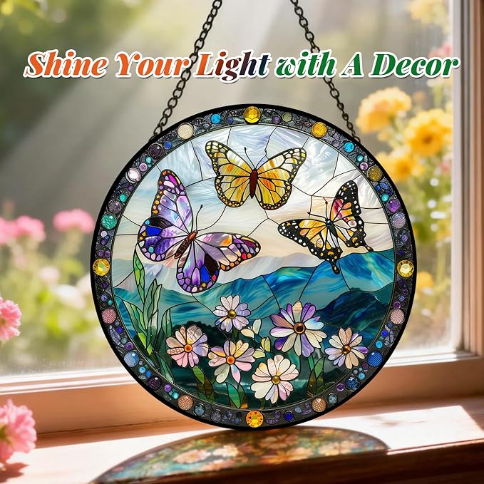 Stained Glass Butterfly Suncatcher Window Hanging Birthday Gifts for Women | 7.8in Garden Sun Catcher, Butterflies Wildflowers Home Decor, Memory Gift for Mom Grandma & Mother's Day, Christmas Ornament