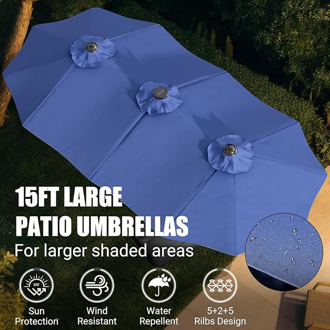 CHABATREE 14FT Large Patio Patio Umbrella with Base & Solar LED Lights - Double-Sided,Blue