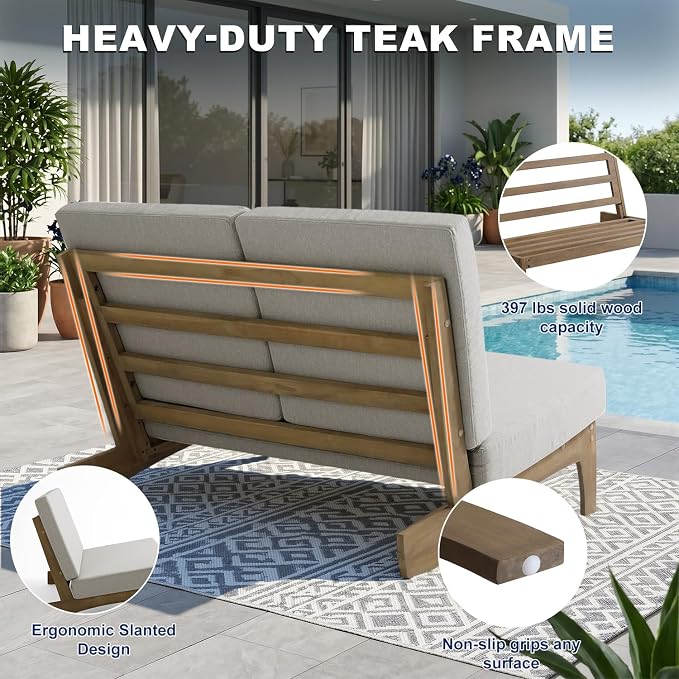 Pia Ricoo 4 Piece Patio Furniture Sets, Outdoor Loveseat Sofa Set with 2 Chairs & Coffee Table, Patio Conversation Set for Backyard, Deck, Lawn, Light Camel