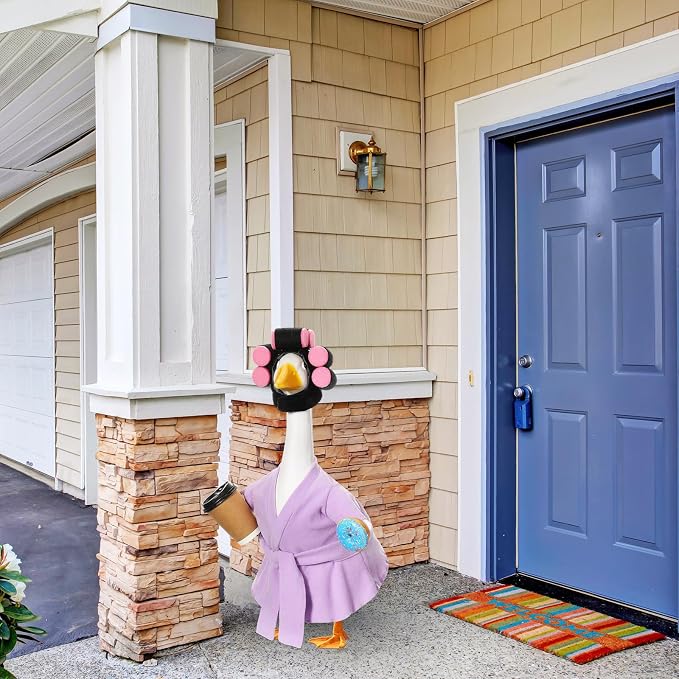 Shyyween 23 Inch Porch Goose Summer Outfit Light Purple Goose Bathrobe Statue Clothes Coffee Cup Curlers for Cement Plastic Lawn Geese Outdoor Garden Yard Patio Decoration