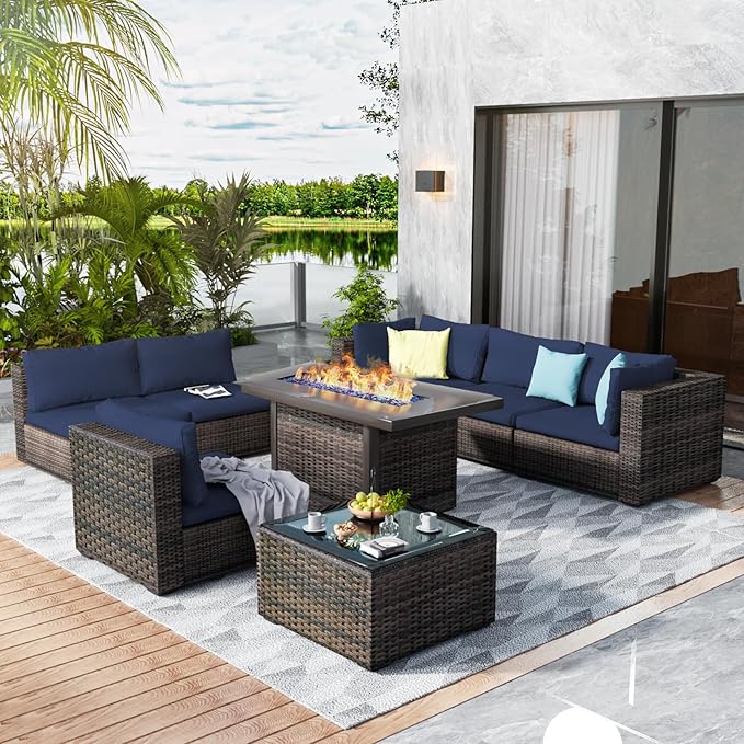 9 Pieces Outdoor Sectional Patio Furniture Set with Fire Pit Table PE Rattan Wicker Patio Sectional Armless Conversation Set with Cushions Blue