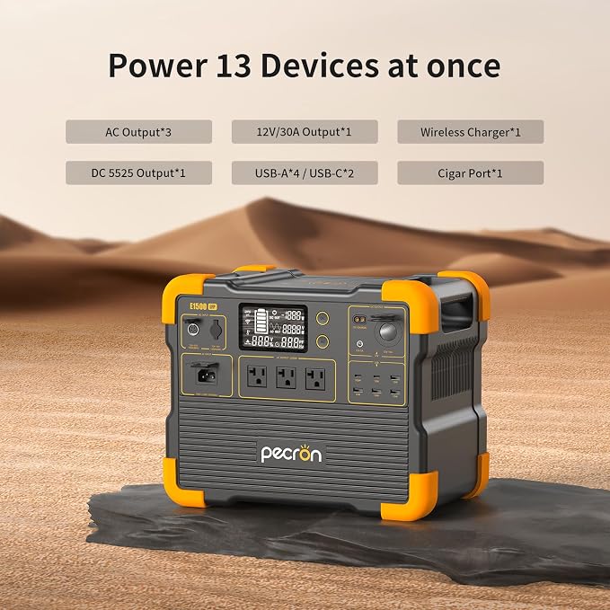 pecron E1500LFP Solar Generator with 300W Solar Panel,1536Wh Portable Power Station, 2200W LiFePO4 Battery Backup for Home Use, Camping, RV