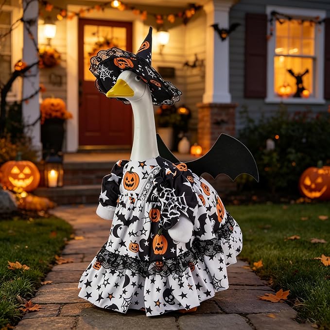 Halloween Porch Goose Outfit 23 Inch Porch Goose Clothes for Holiday | Pumpkin Dress Cape Witch Hat, Thanksgiving Goose Outfit, Christmas Goose Clothes, Holiday Costume for Lawn Geese Status