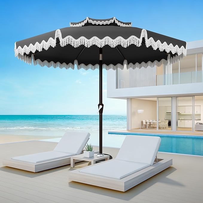 AreShark 9FT Patio Umbrella with Fringe, Wind-Resistant Fiberglass 8 Ribs Tassel Outdoor Umbrella with Crank and Push Button Tilt, Double Tier Vent Sun Shade for Pool, Deck, Backyard, Gray