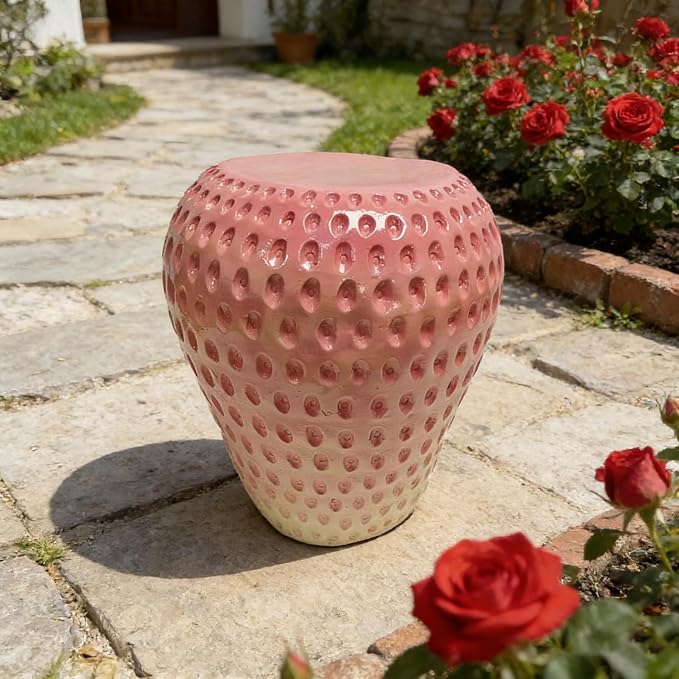 14'' Garden Fruit Design Stool, Decorative Patio Side Tables for Outside / Indoor, Drum Table & Plant Stands Stools for Patio Balcony Living Room, Home Decor, Weather-Resistant (Pink, Strawberry)