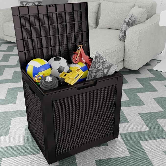 Resin Deck Box, Lockable Patio Outdoor Storage Box for Furniture, Garden Tools and Tools Storage, Waterproof Outside Storage Boxes (Black, 30 Gallon)