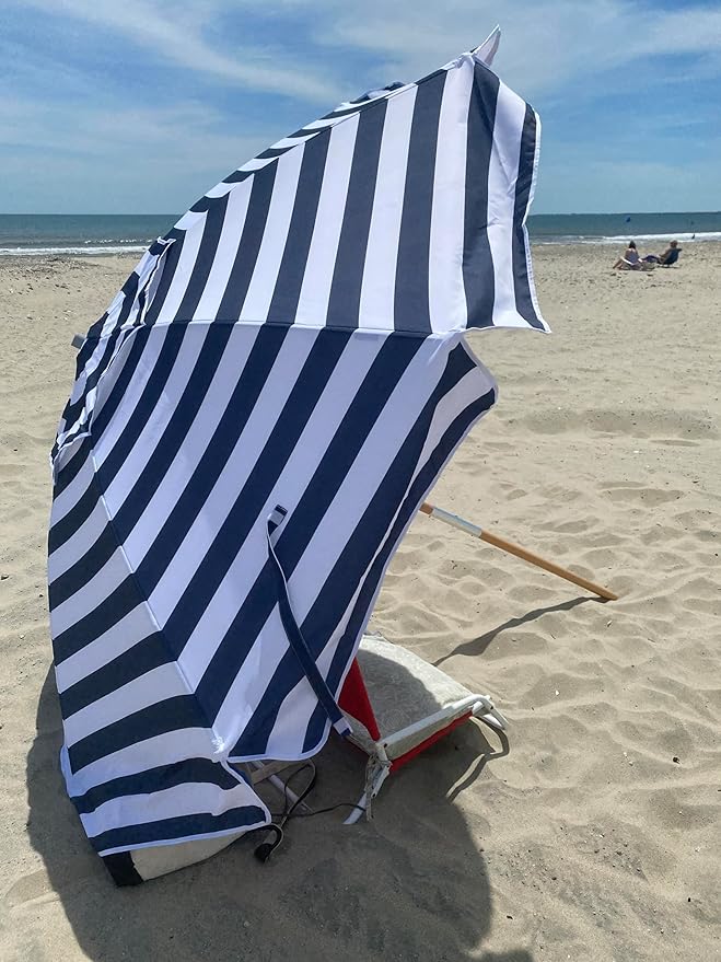 AMMSUN 7.5ft Heavy Duty HIGH Wind Beach Umbrella Commercial Grade Patio Beach Umbrella with Air Vent Ash Wood Pole & Carry Bag UPF50+ Protection Navy Stripe